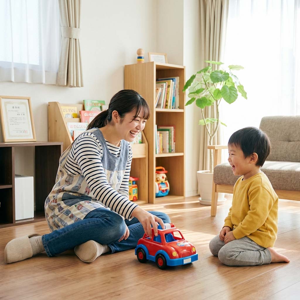 お子さまと楽しそうに遊ぶシッター。出張型ベビーシッターのイメージ