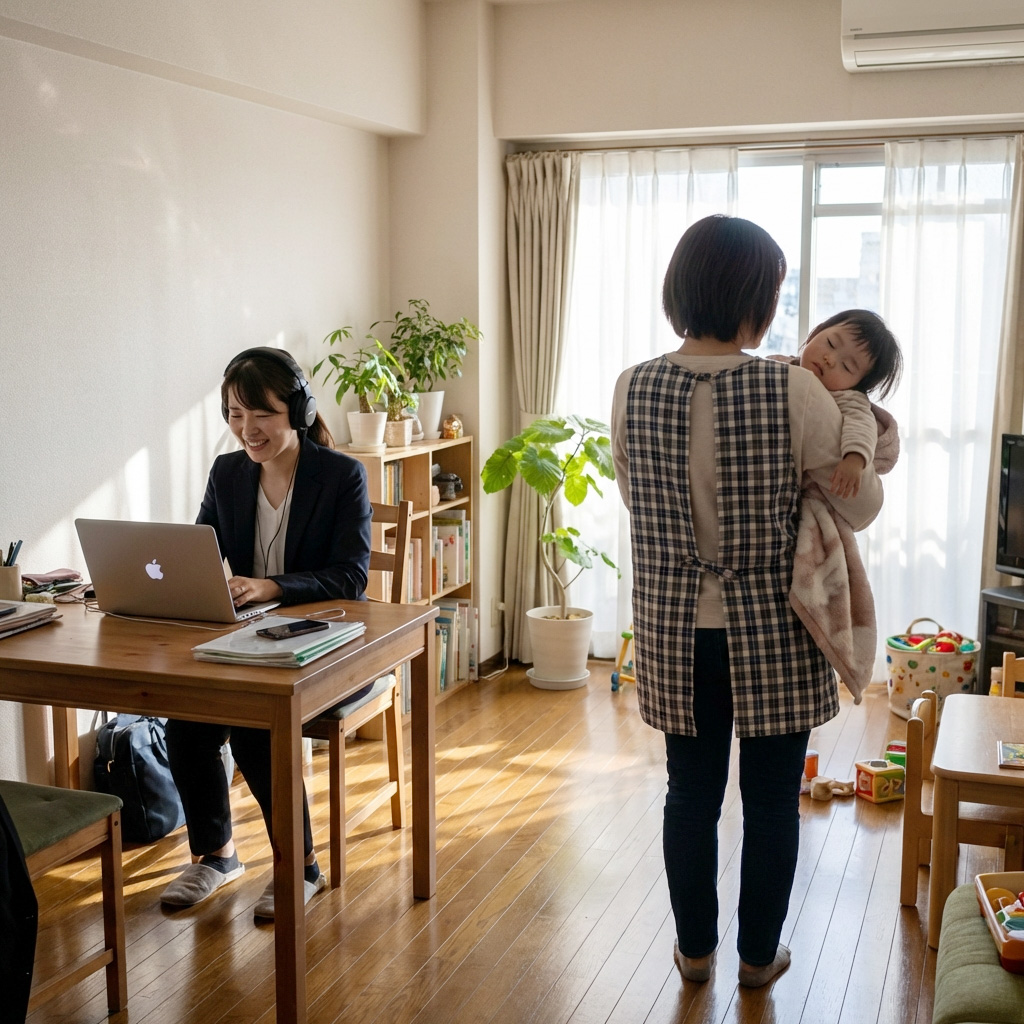 在宅勤務中にシッターがお子さまを見守る様子。職場保育・同行保育のイメージ
