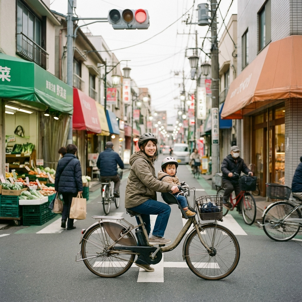 自転車でお子さまを送迎する様子。どこへでも訪問する出張型のイメージ